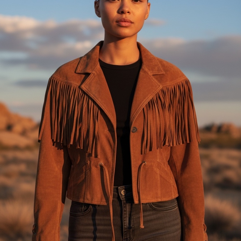 Wilsons Leather Women’s Brown Fringe Western Jacket Button Short Size L - Picture 3 of 9